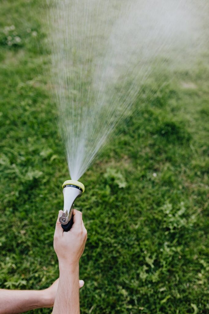 Close-up of a hand holding a garden hose, spraying water over green grass.