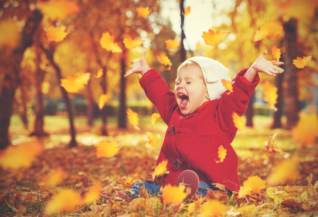 child playing in autumn leaves